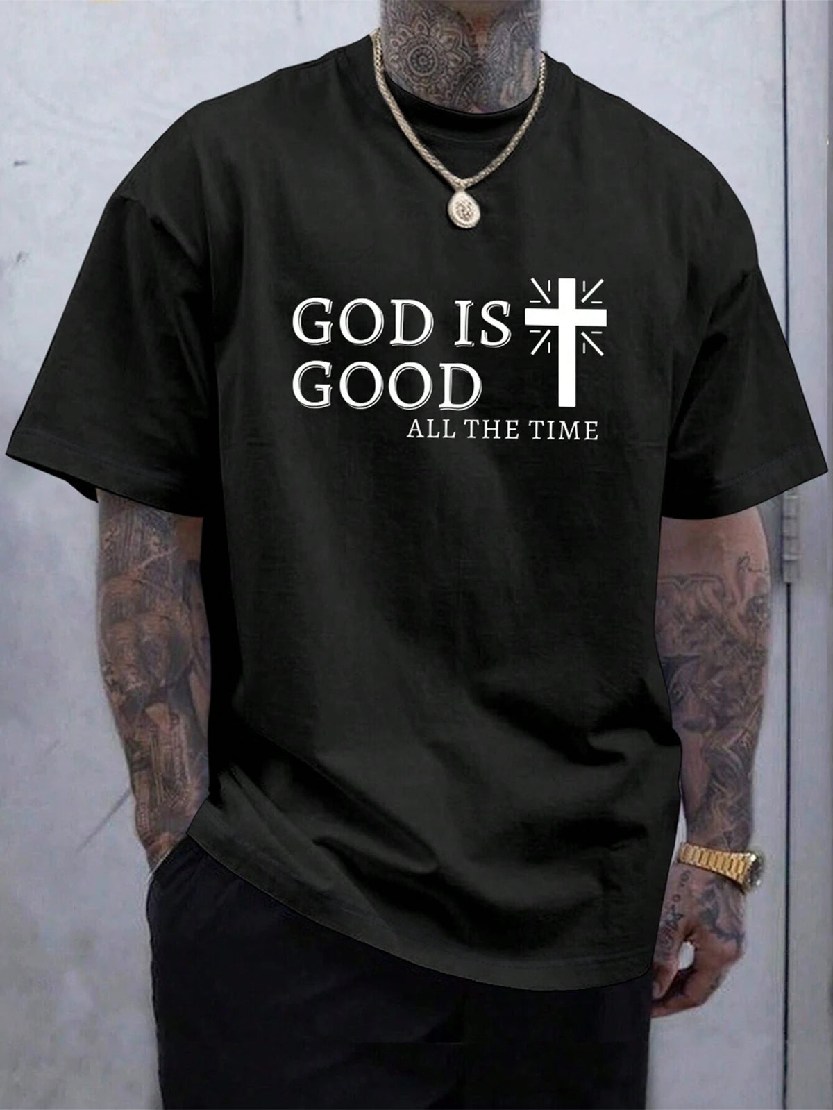 Manfinity Roughcore Men Casual Summer Cross & Slogan Graphic Printed Short Sleeve T-Shirt, for Friends